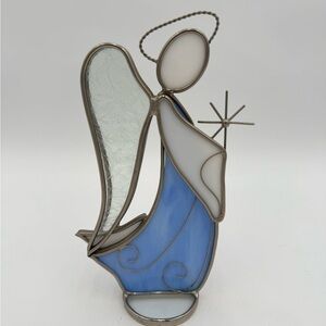 VINTAGE STAINED BLUE SWIRL AND WHITE GLASS STANDING ANGEL SUN CATCHER 8” TALL